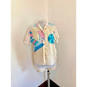 VTG Beach Hand Painted Loose Soft Cotton Button Short Sleeve Top Coverup Hawaii